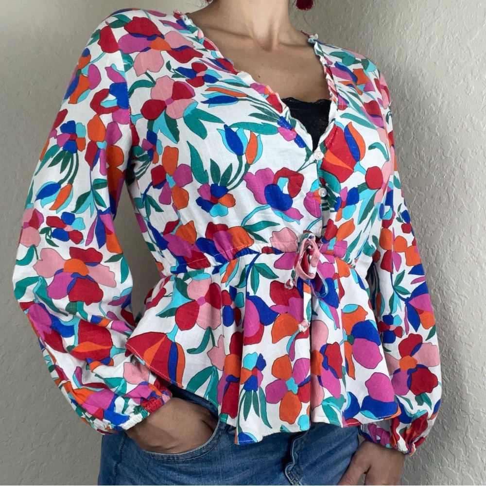 Vici Floral Peplum Blouse Size S Multicolor V-Neck Ruffle Tie Waist